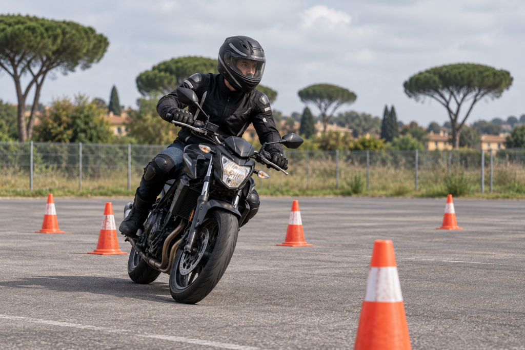Motociclista durante un’esercitazione tra i coni