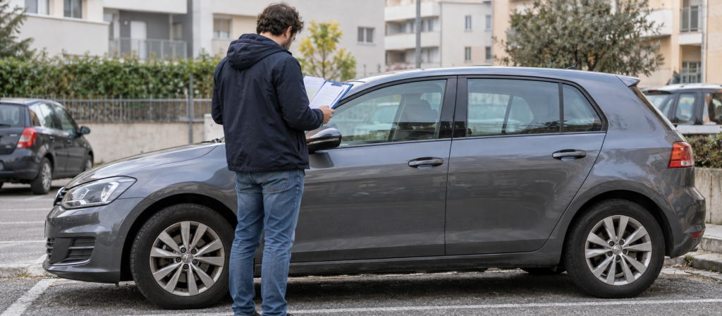 Persona che controlla i documenti accanto a un’auto usata prima del passaggio di proprietà