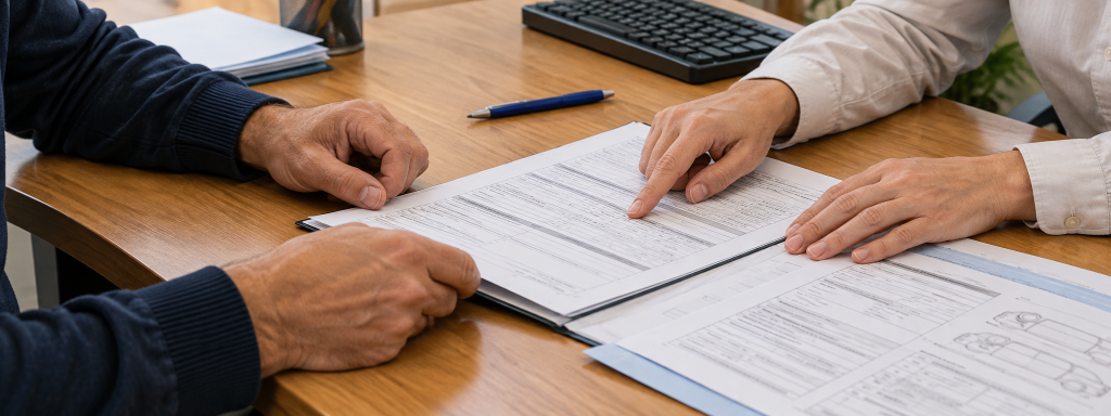 Cliente e consulente verificano i documenti per il passaggio di proprietà auto